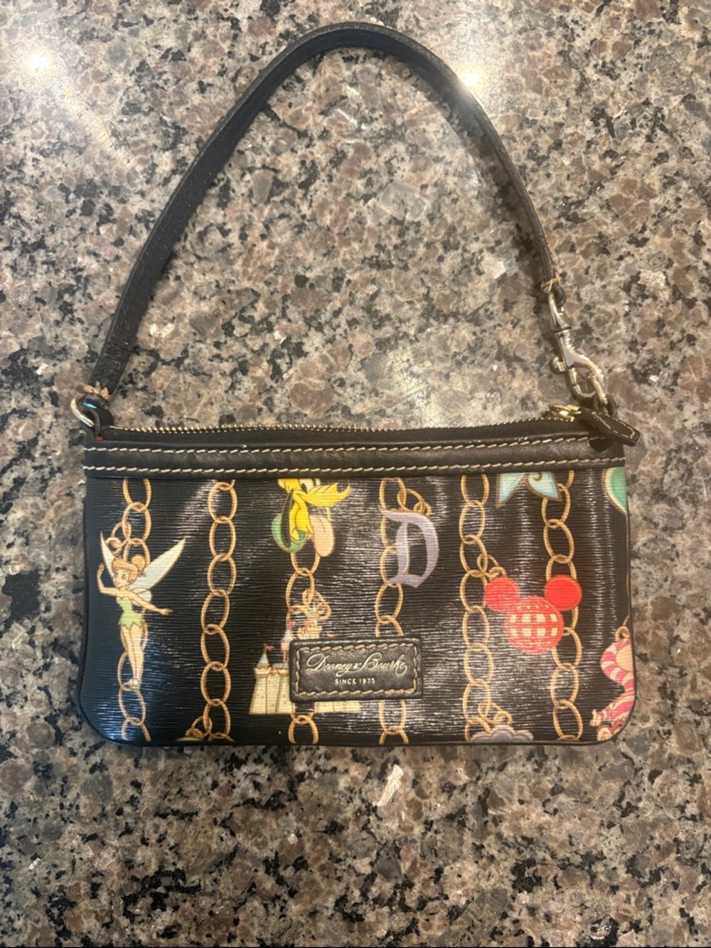 Dooney & Bourke Black Disney Chain-Link Print Wristlet with Gold Accents
